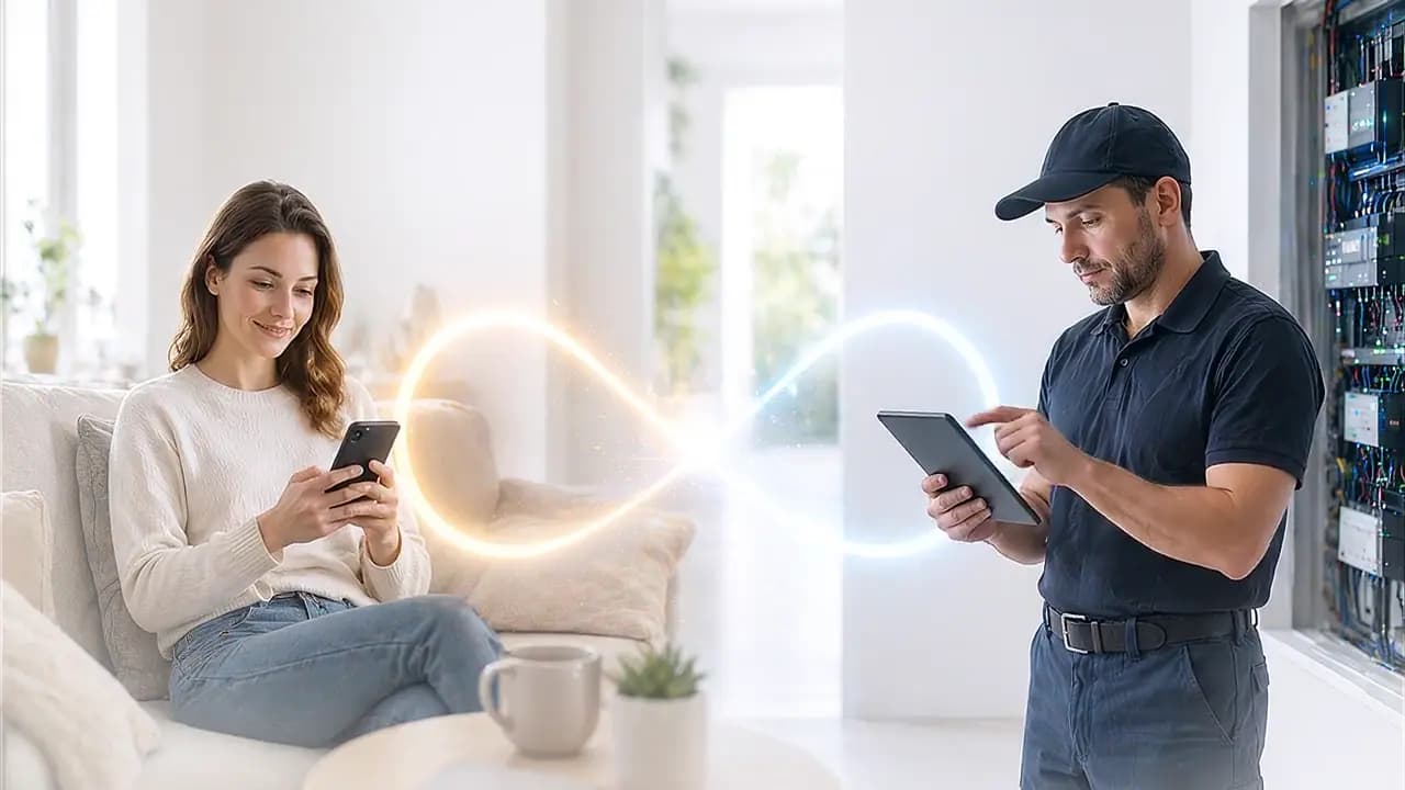 Zdalny dostep do smart home - uzytkownik domowy i instalator polaczeni tunelem